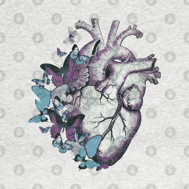 Heart in love, vintage effect watercolor blue butterflies, Heart, anatomical Human heart by Collagedream